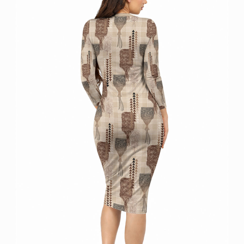 Aloha Hawaii Vintage Kahili Pa'a Lima Long Sleeve Bodycon Dress Palaka Print Cozy Beige