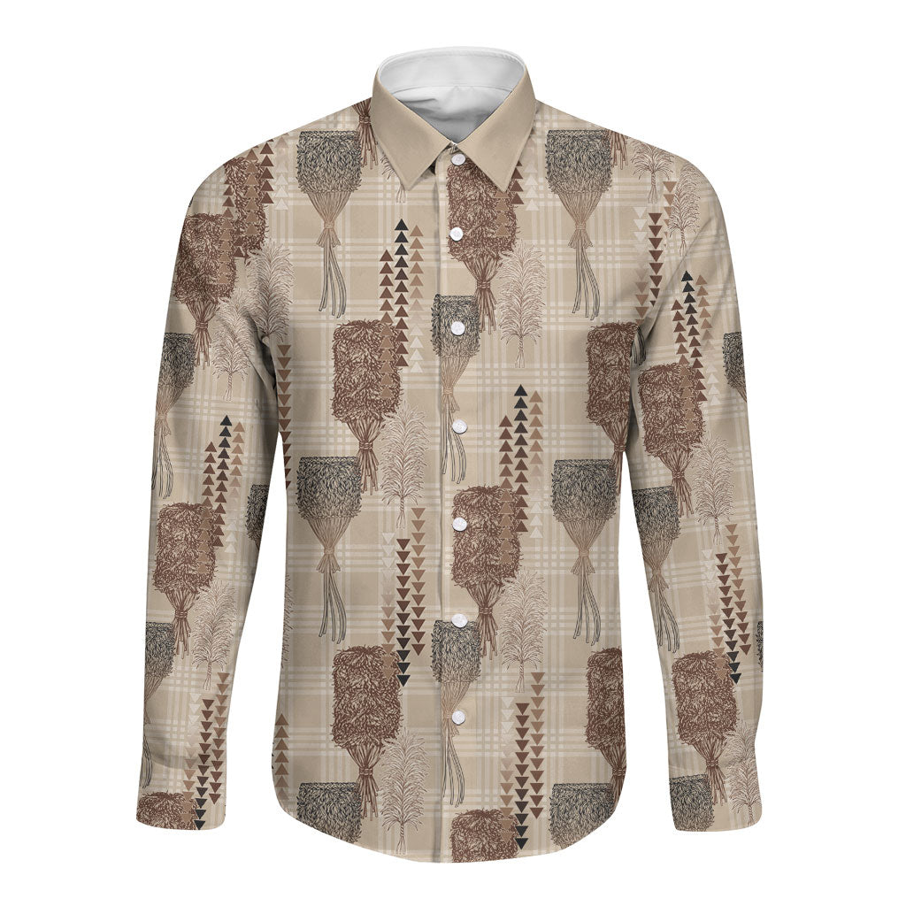 Aloha Hawaii Vintage Kahili Pa'a Lima Long Sleeve Button Shirt Palaka Print Cozy Beige LT7 Unisex Beige - Polynesian Pride