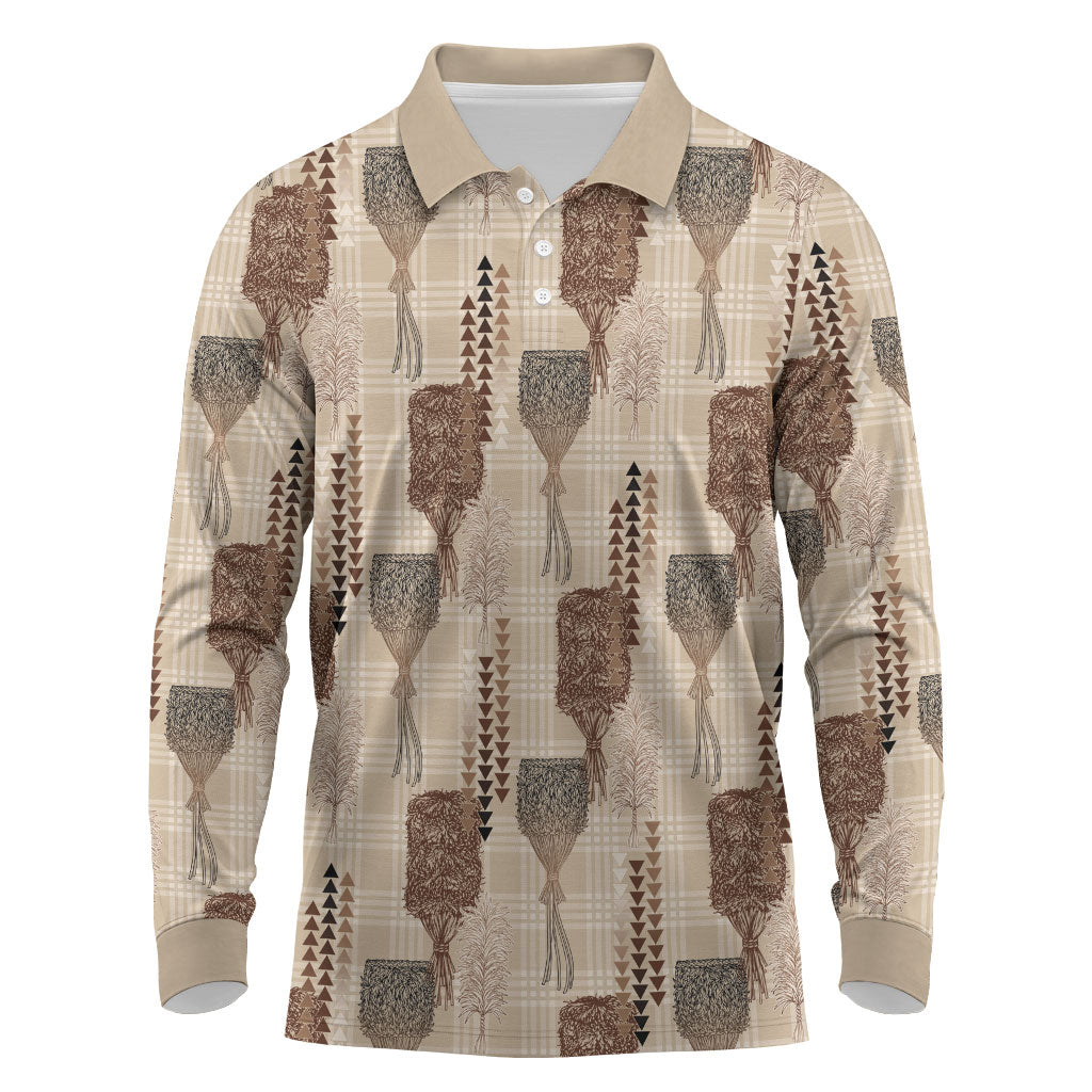 Aloha Hawaii Vintage Kahili Pa'a Lima Long Sleeve Polo Shirt Palaka Print Cozy Beige LT7 Beige - Polynesian Pride