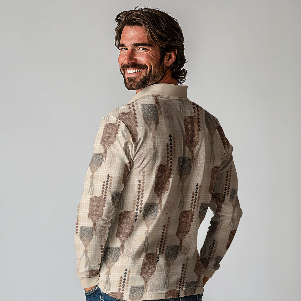 Aloha Hawaii Vintage Kahili Pa'a Lima Long Sleeve Polo Shirt Palaka Print Cozy Beige
