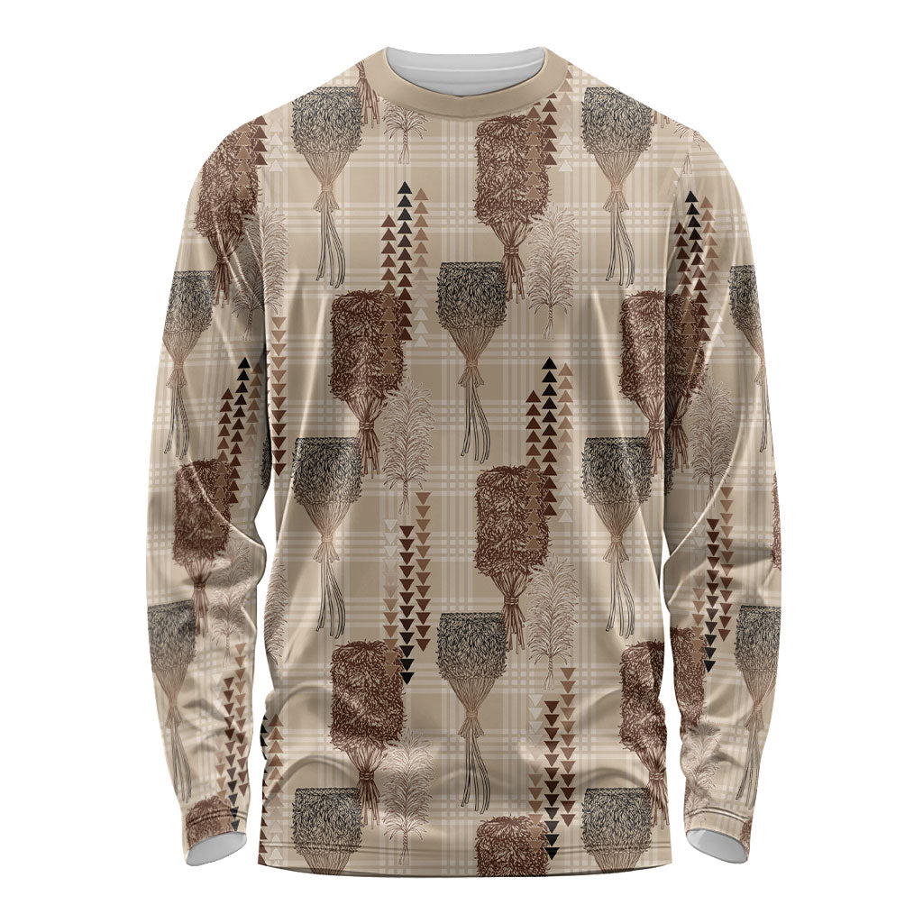 Aloha Hawaii Vintage Kahili Pa'a Lima Long Sleeve Shirt Palaka Print Cozy Beige