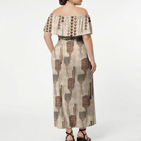 Aloha Hawaii Vintage Kahili Pa'a Lima Off Shoulder Maxi Dress Palaka Print Cozy Beige