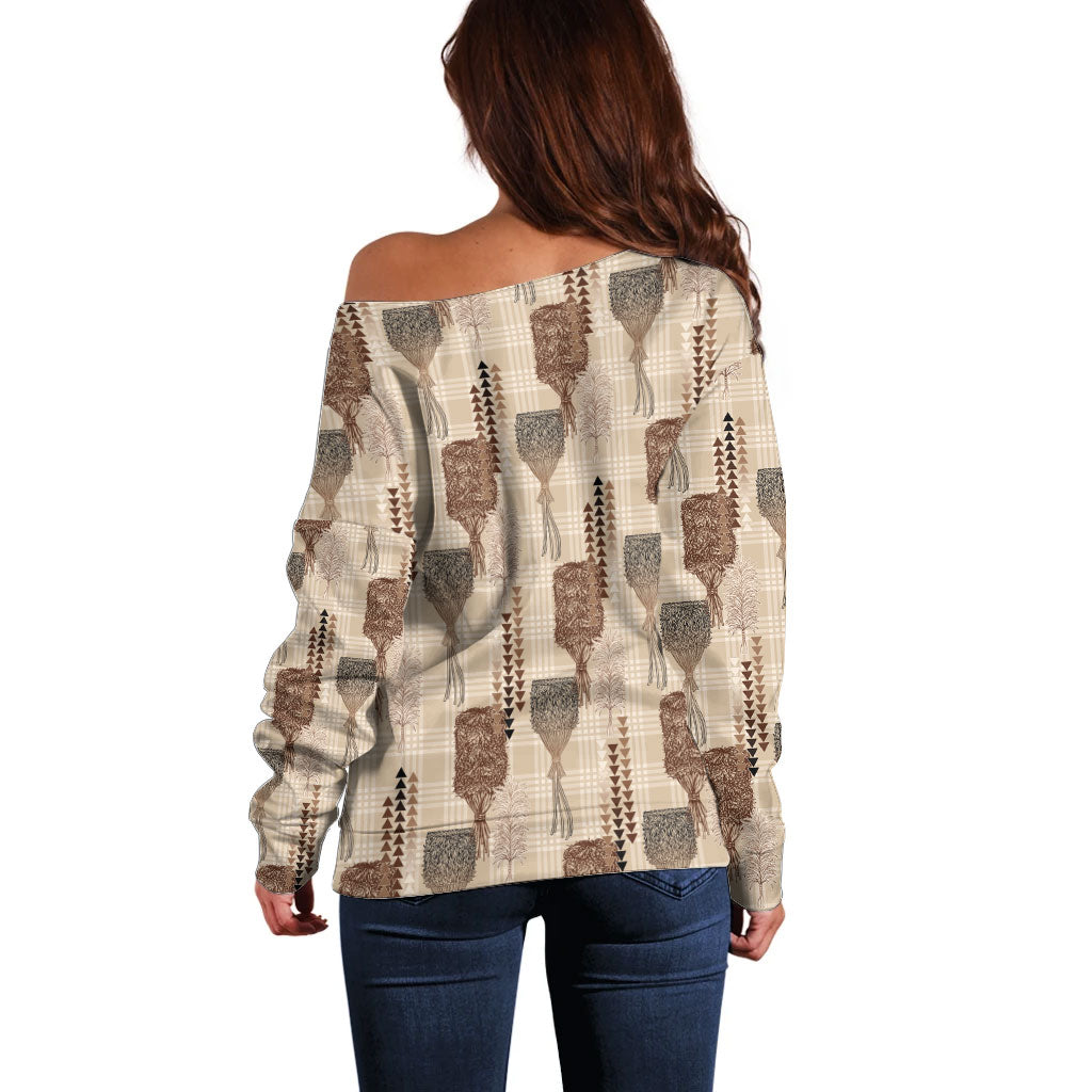 Aloha Hawaii Vintage Kahili Pa'a Lima Off Shoulder Sweater Palaka Print Cozy Beige