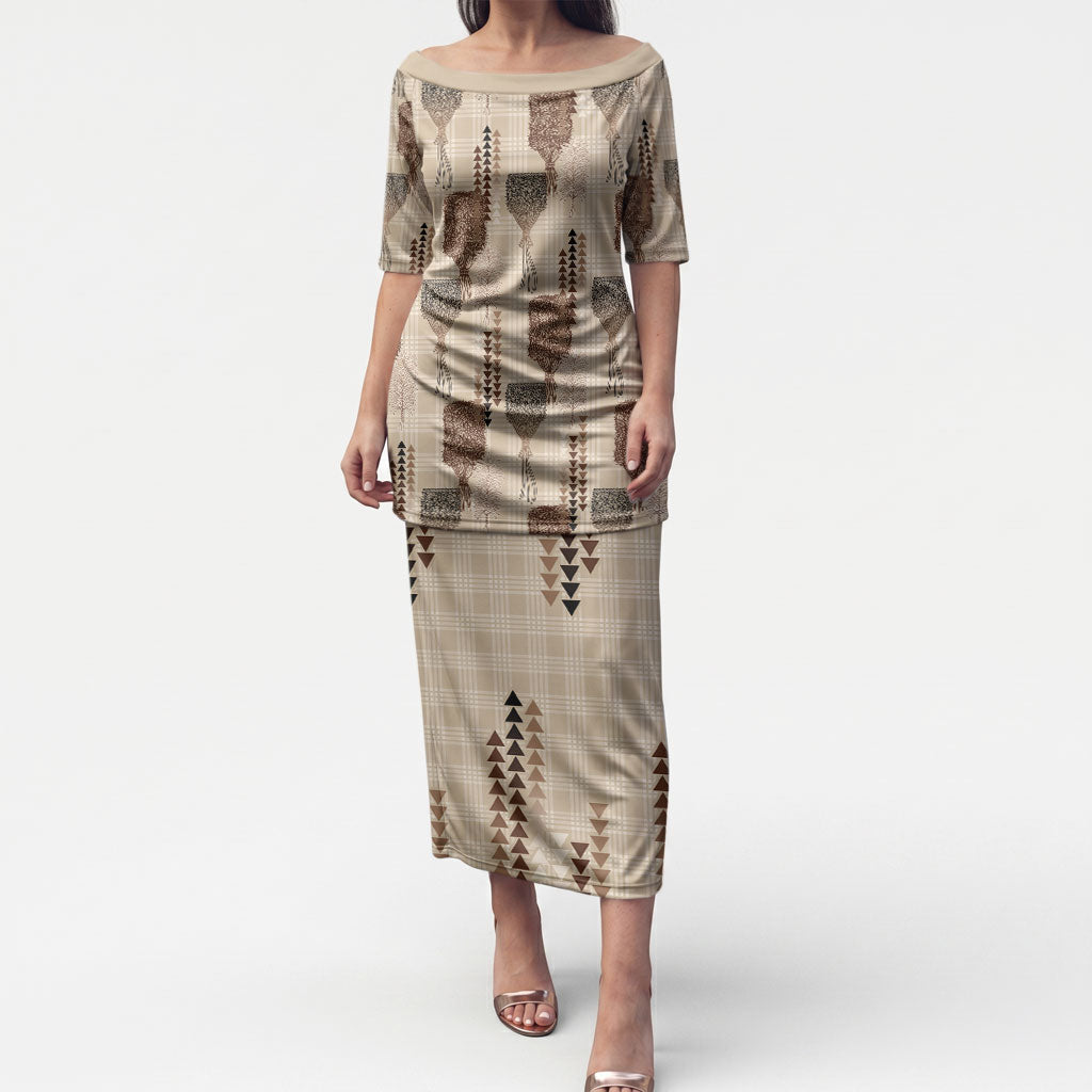 Aloha Hawaii Vintage Kahili Pa'a Lima Puletasi Palaka Print Cozy Beige LT7 Long Dress Beige - Polynesian Pride