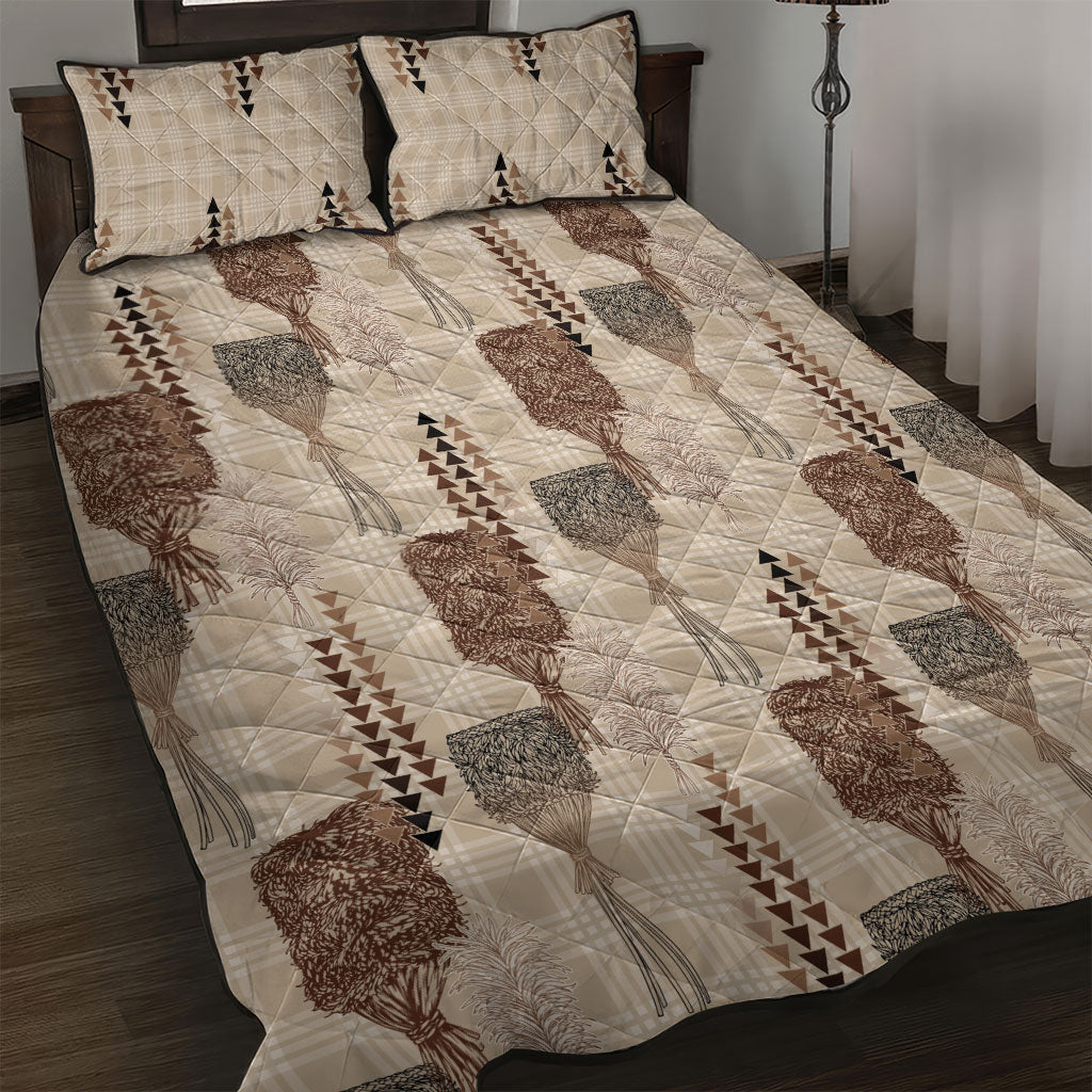 Aloha Hawaii Vintage Kahili Pa'a Lima Quilt Bed Set Palaka Print Cozy Beige