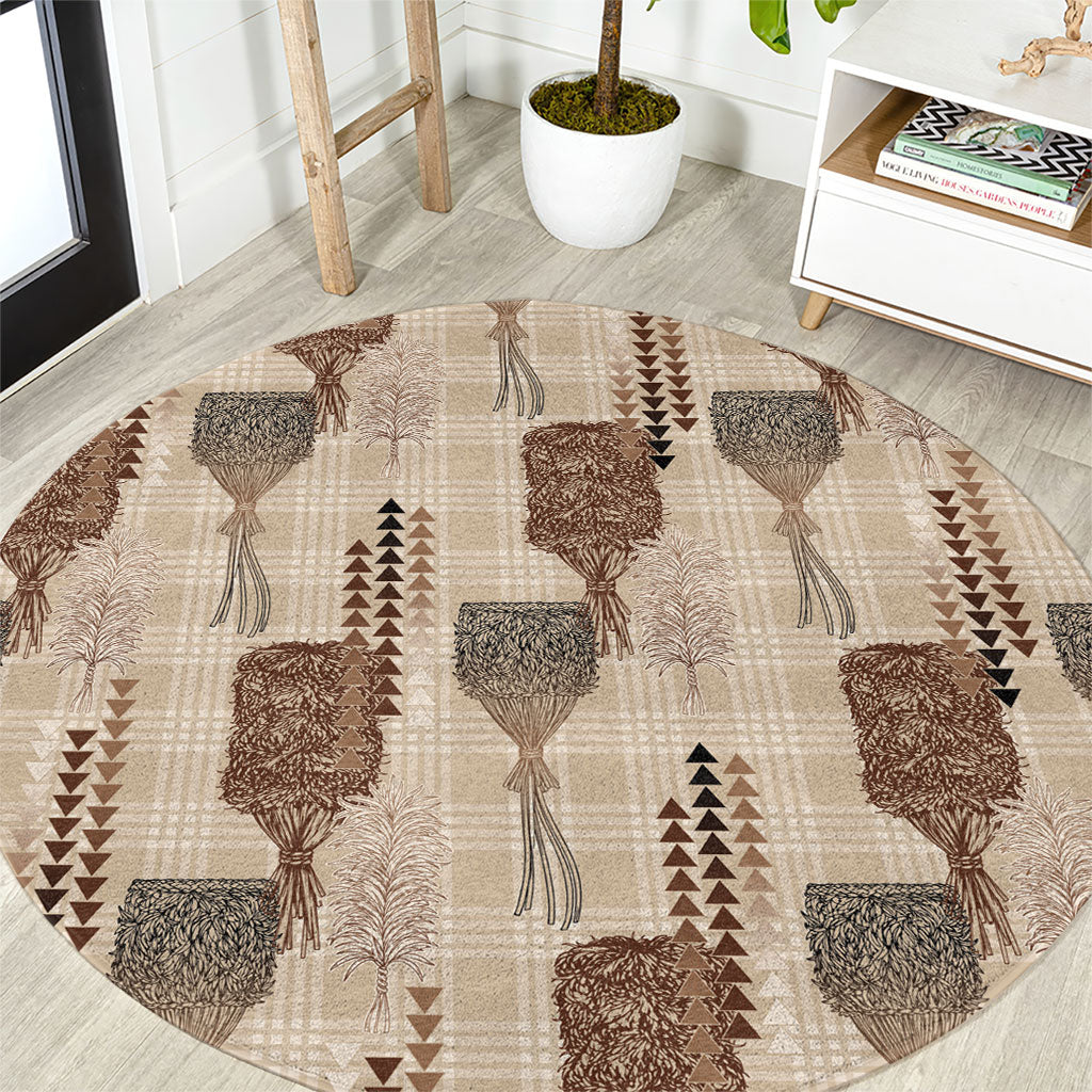 Aloha Hawaii Vintage Kahili Pa'a Lima Round Carpet Palaka Print Cozy Beige