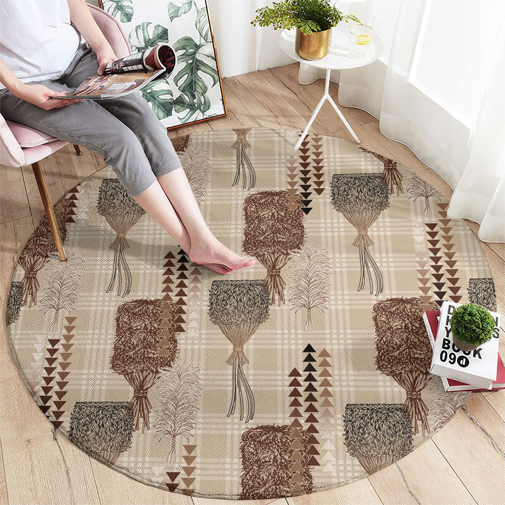Aloha Hawaii Vintage Kahili Pa'a Lima Round Carpet Palaka Print Cozy Beige