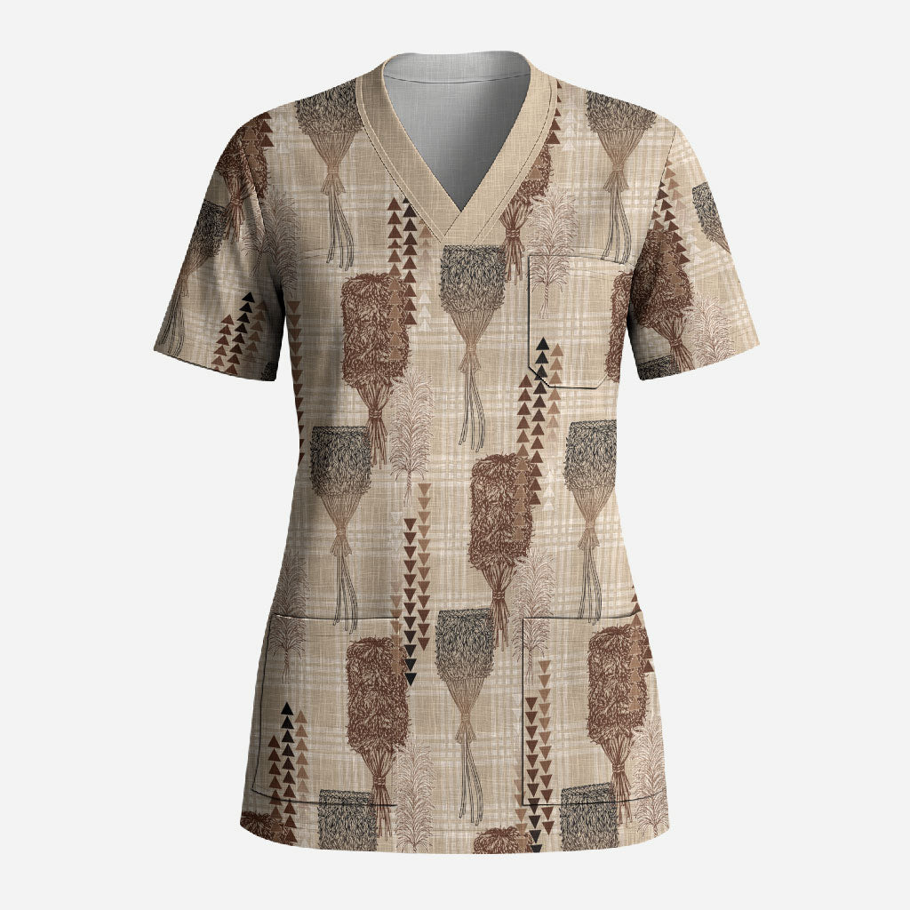 Aloha Hawaii Vintage Kahili Pa'a Lima Scrub Top Palaka Print Cozy Beige LT7 Adult Beige - Polynesian Pride
