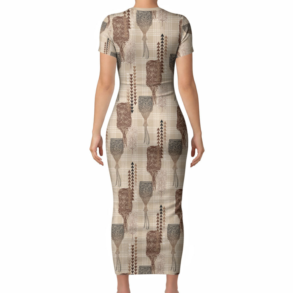 Aloha Hawaii Vintage Kahili Pa'a Lima Short Sleeve Bodycon Dress Palaka Print Cozy Beige