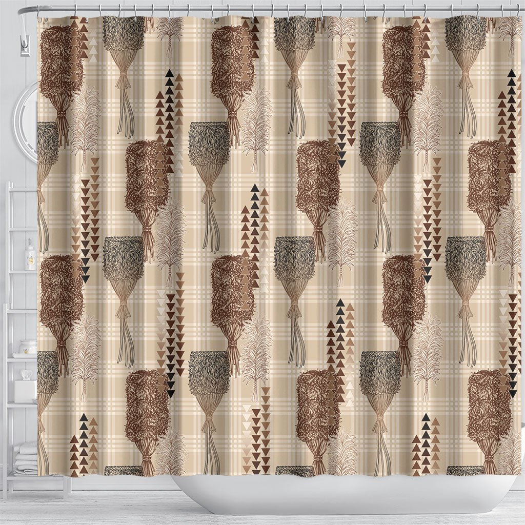Aloha Hawaii Vintage Kahili Pa'a Lima Shower Curtain Palaka Print Cozy Beige