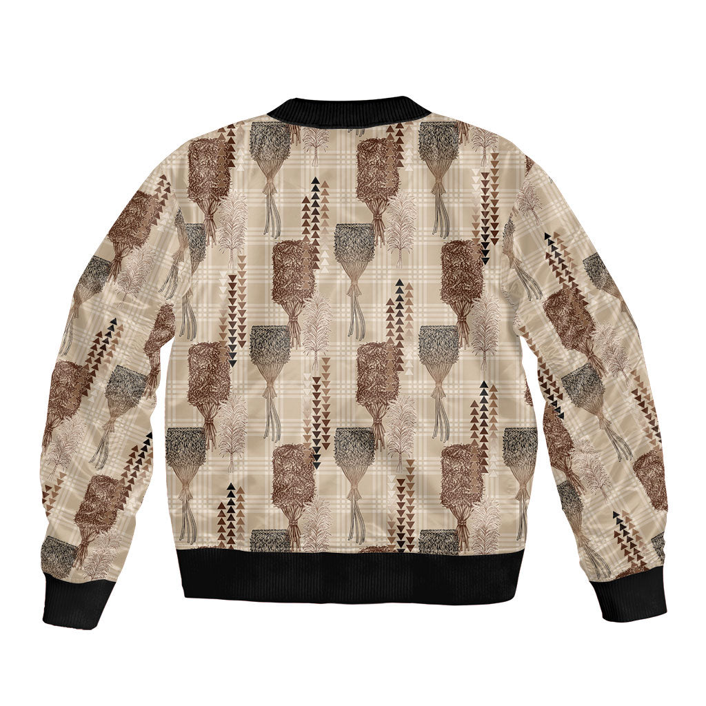 Aloha Hawaii Vintage Kahili Pa'a Lima Sleeve Zip Bomber Jacket Palaka Print Cozy Beige