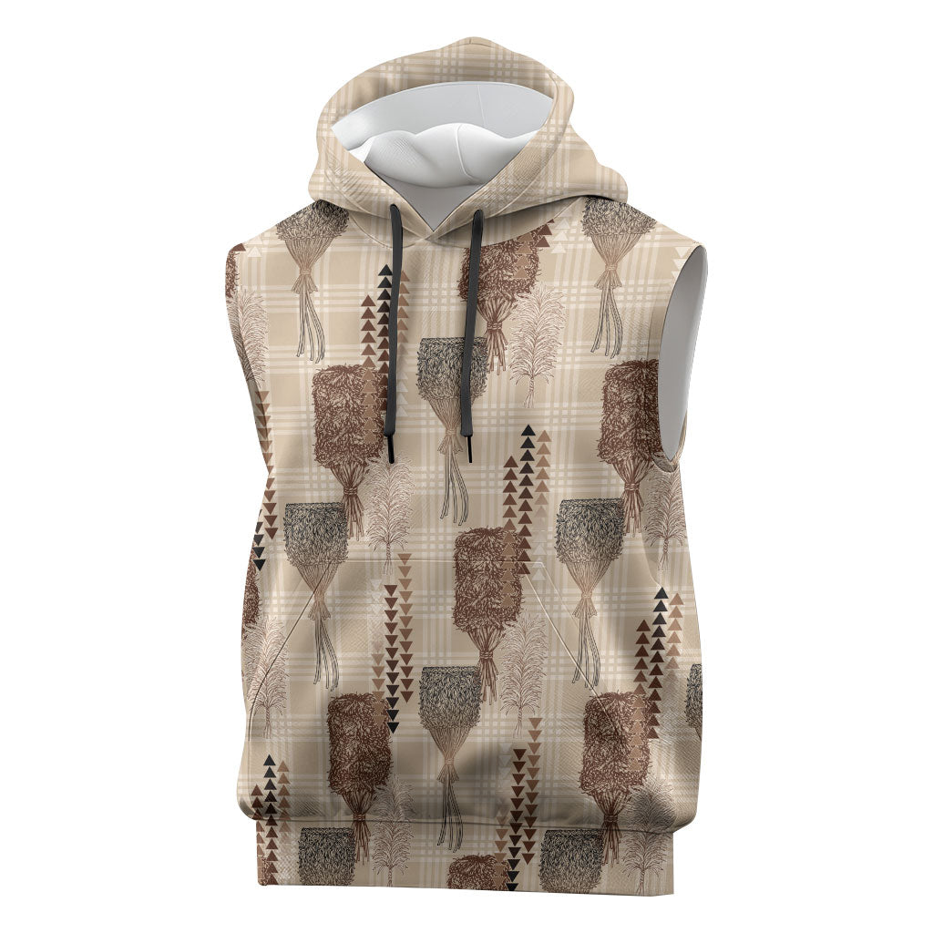 Aloha Hawaii Vintage Kahili Pa'a Lima Sleeveless Hoodie Palaka Print Cozy Beige