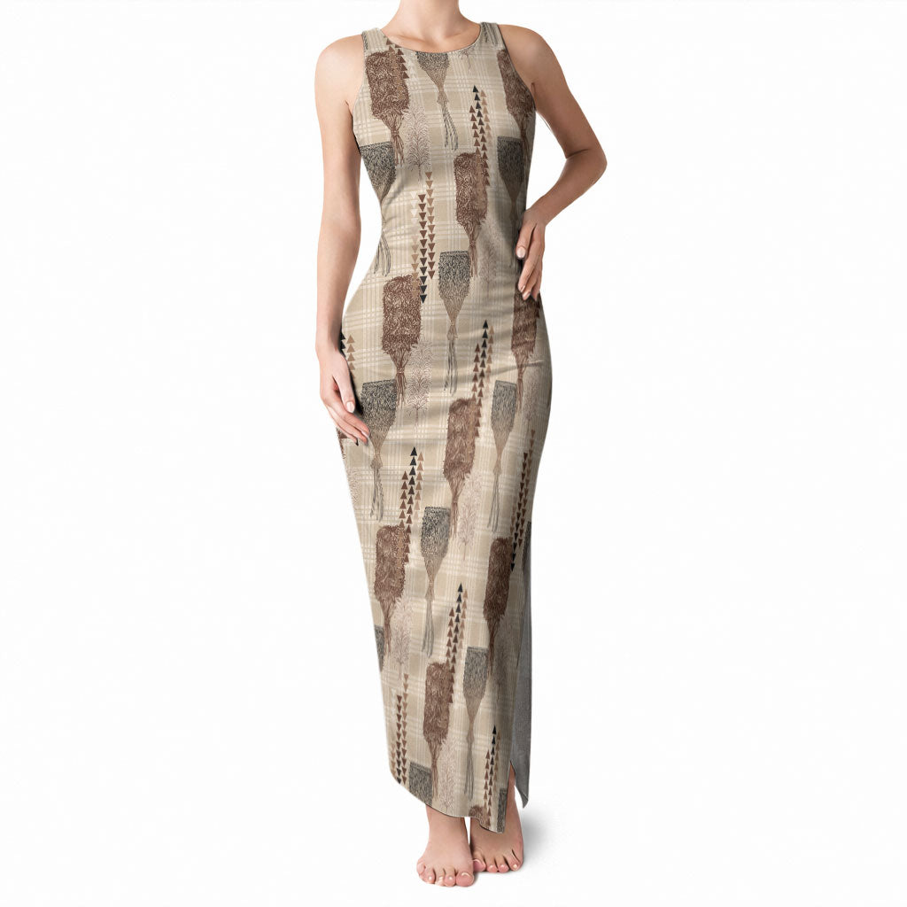 Aloha Hawaii Vintage Kahili Pa'a Lima Tank Maxi Dress Palaka Print Cozy Beige