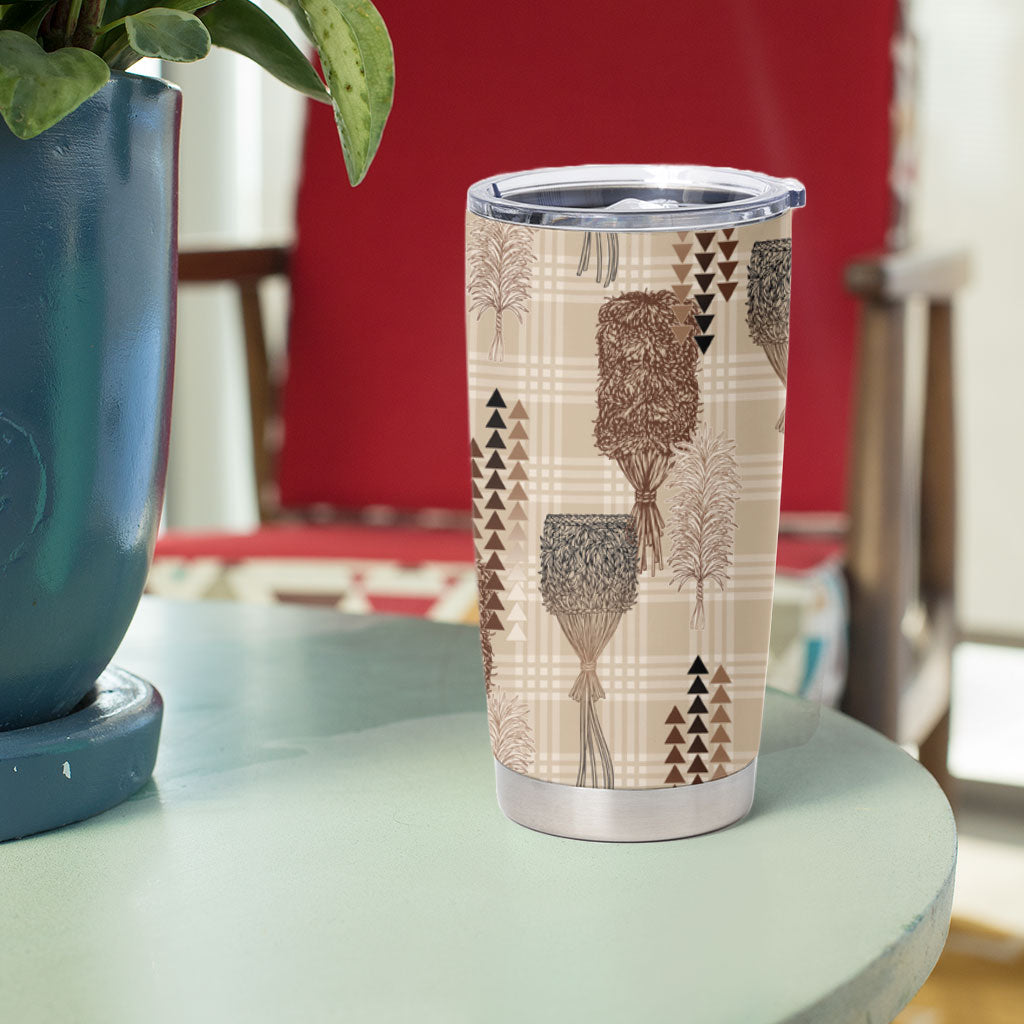 Aloha Hawaii Vintage Kahili Pa'a Lima Tumbler Cup Palaka Print Cozy Beige