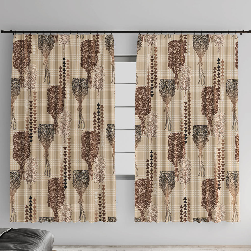 Aloha Hawaii Vintage Kahili Pa'a Lima Window Curtain Palaka Print Cozy Beige LT7 With Hooks Beige - Polynesian Pride