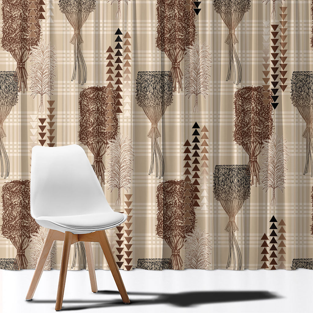 Aloha Hawaii Vintage Kahili Pa'a Lima Window Curtain Palaka Print Cozy Beige