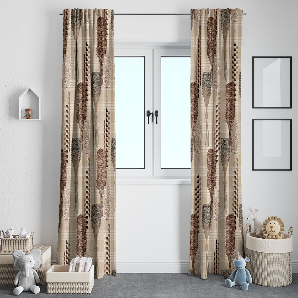 Aloha Hawaii Vintage Kahili Pa'a Lima Window Curtain Palaka Print Cozy Beige