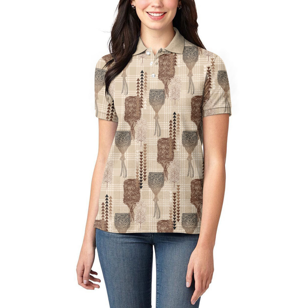 Aloha Hawaii Vintage Kahili Pa'a Lima Women Polo Shirt Palaka Print Cozy Beige