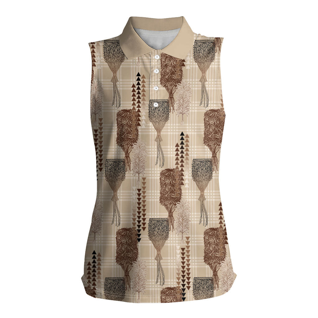 Aloha Hawaii Vintage Kahili Pa'a Lima Women Sleeveless Polo Shirt Palaka Print Cozy Beige