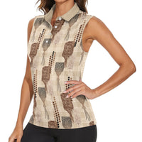 Aloha Hawaii Vintage Kahili Pa'a Lima Women Sleeveless Polo Shirt Palaka Print Cozy Beige