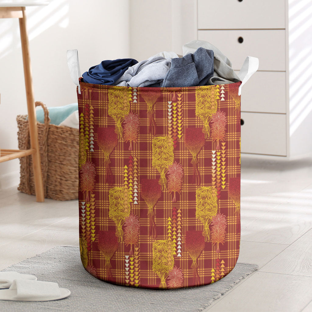 Aloha Hawaii Vintage Kahili Pa'a Lima Laundry Basket Palaka Print Hilo Royal Red-Yellow