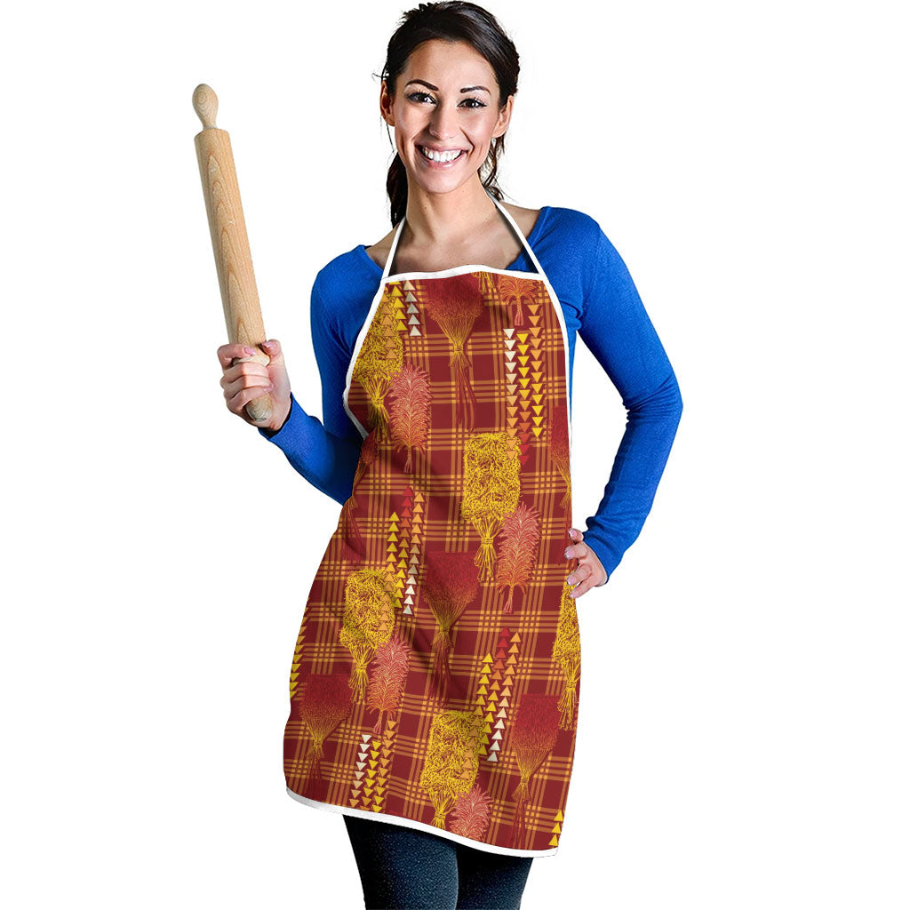 Aloha Hawaii Vintage Kahili Pa'a Lima Apron Palaka Print Hilo Royal Red-Yellow