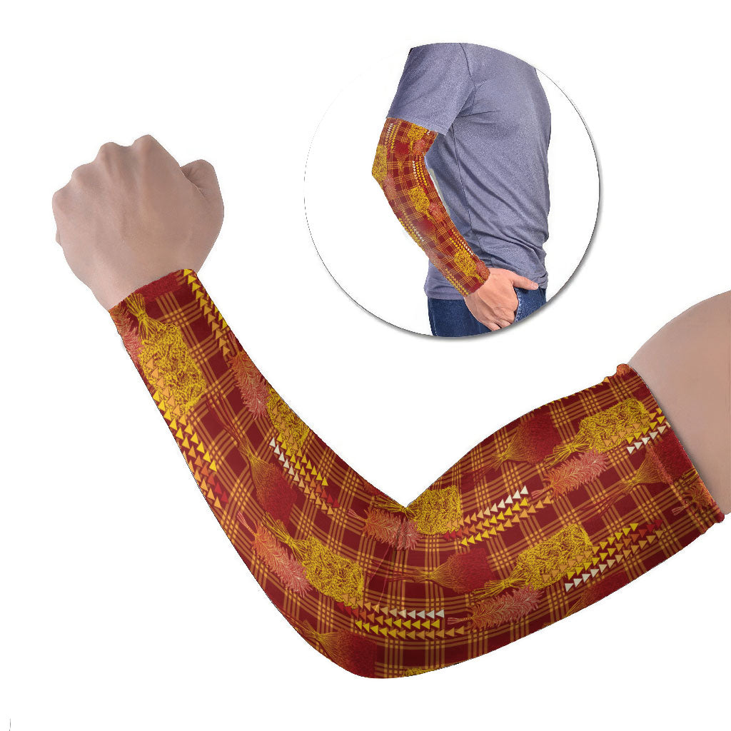 Aloha Hawaii Vintage Kahili Pa'a Lima Arm Sleeves Palaka Print Hilo Royal Red-Yellow