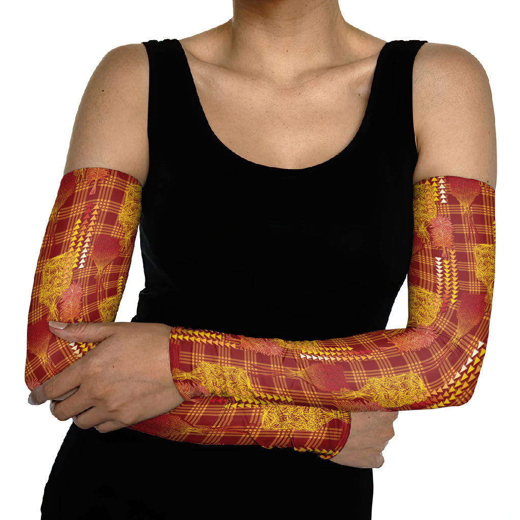 Aloha Hawaii Vintage Kahili Pa'a Lima Arm Sleeves Palaka Print Hilo Royal Red-Yellow