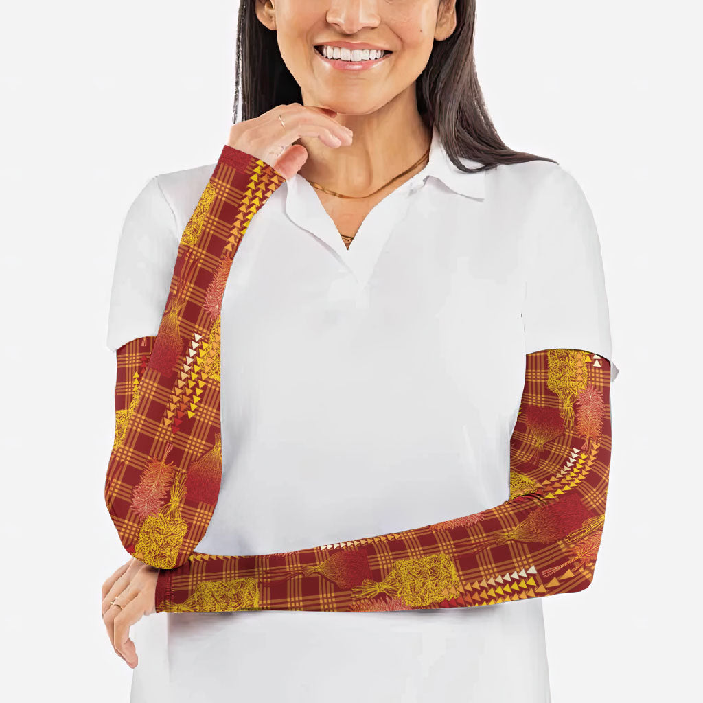 Aloha Hawaii Vintage Kahili Pa'a Lima Arm Sleeves Palaka Print Hilo Royal Red-Yellow