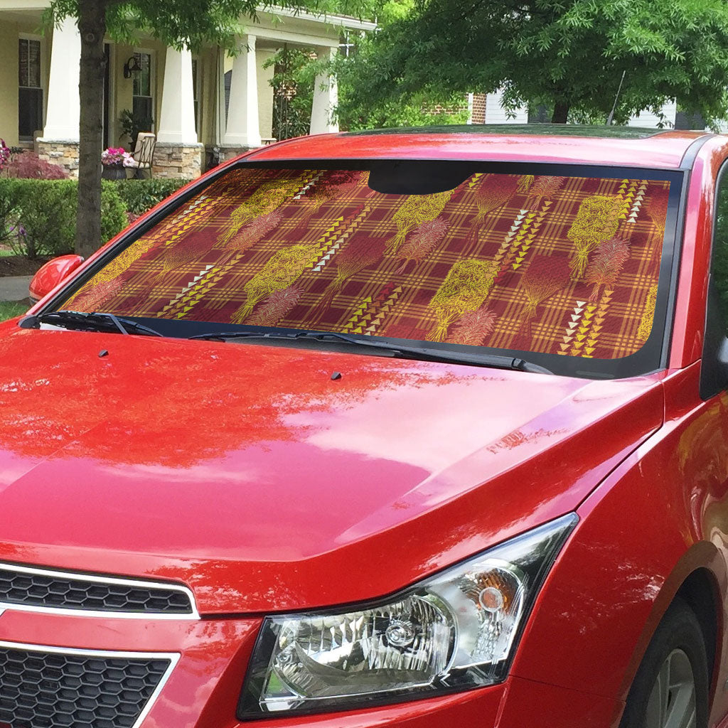 Aloha Hawaii Vintage Kahili Pa'a Lima Auto Sun Shade Palaka Print Hilo Royal Red-Yellow