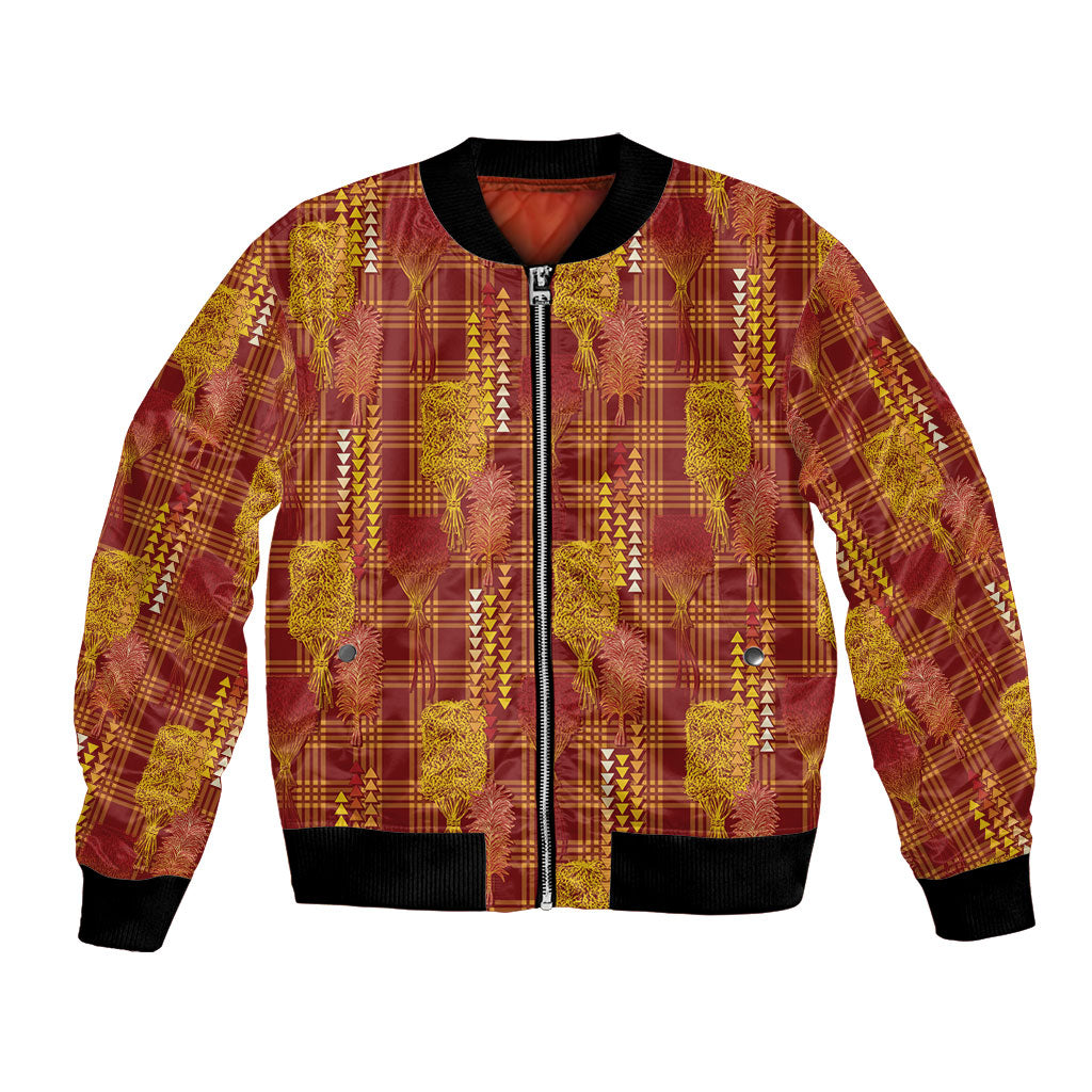 Aloha Hawaii Vintage Kahili Pa'a Lima Bomber Jacket Palaka Print Hilo Royal Red-Yellow