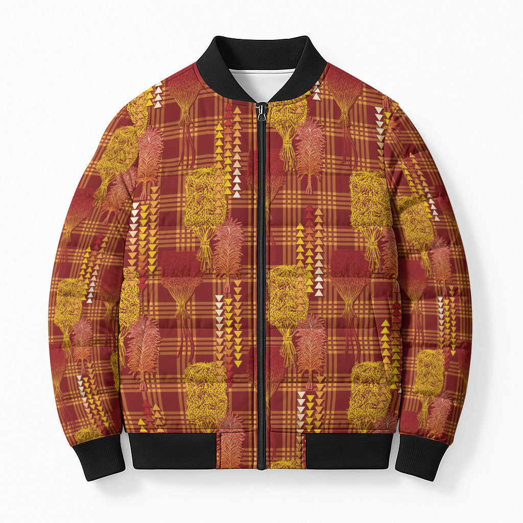 Aloha Hawaii Vintage Kahili Pa'a Lima Bomber Puffer Jacket Palaka Print Hilo Royal Red-Yellow