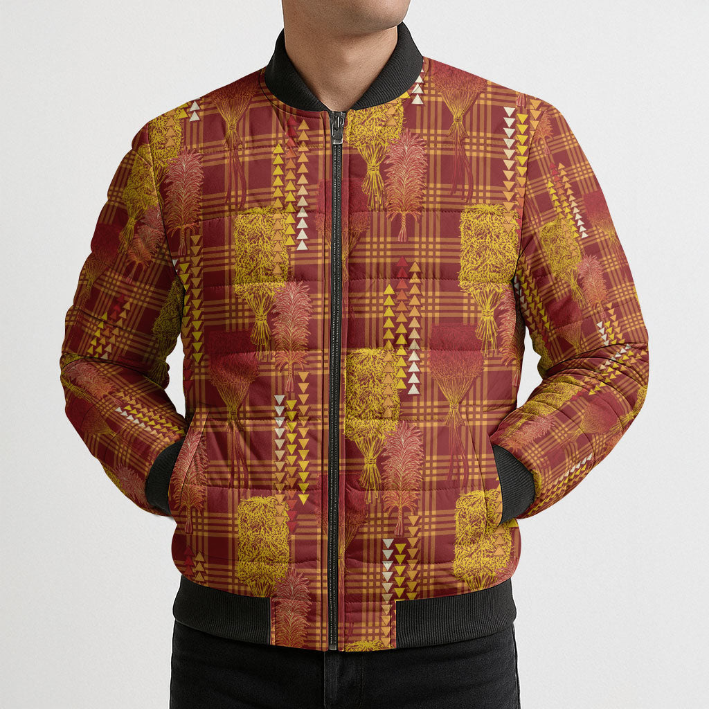 Aloha Hawaii Vintage Kahili Pa'a Lima Bomber Puffer Jacket Palaka Print Hilo Royal Red-Yellow