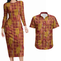 Aloha Hawaii Vintage Kahili Pa'a Lima Couples Matching Long Sleeve Bodycon Dress and Hawaiian Shirt Palaka Print Hilo Royal Red-Yellow