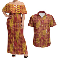 Aloha Hawaii Vintage Kahili Pa'a Lima Couples Matching Off Shoulder Maxi Dress and Hawaiian Shirt Palaka Print Hilo Royal Red-Yellow