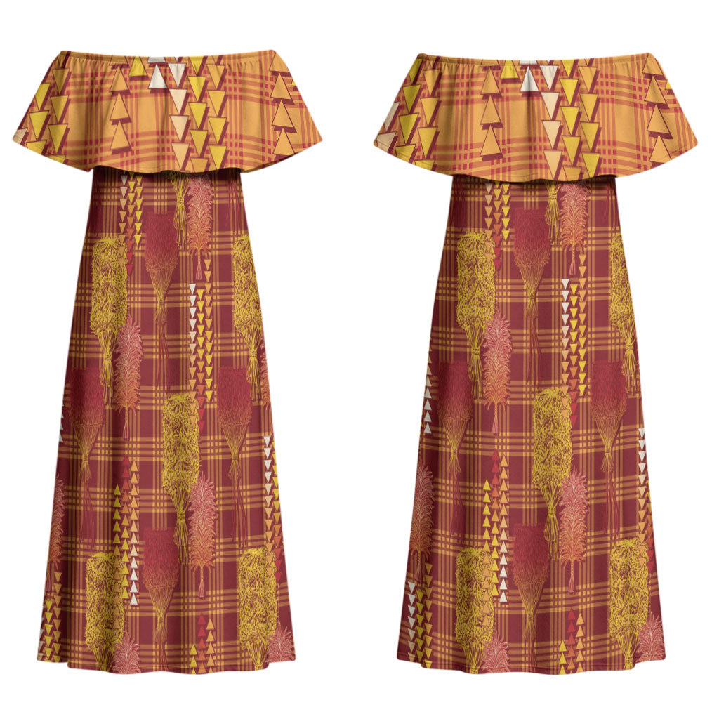 Aloha Hawaii Vintage Kahili Pa'a Lima Couples Matching Off Shoulder Maxi Dress and Hawaiian Shirt Palaka Print Hilo Royal Red-Yellow