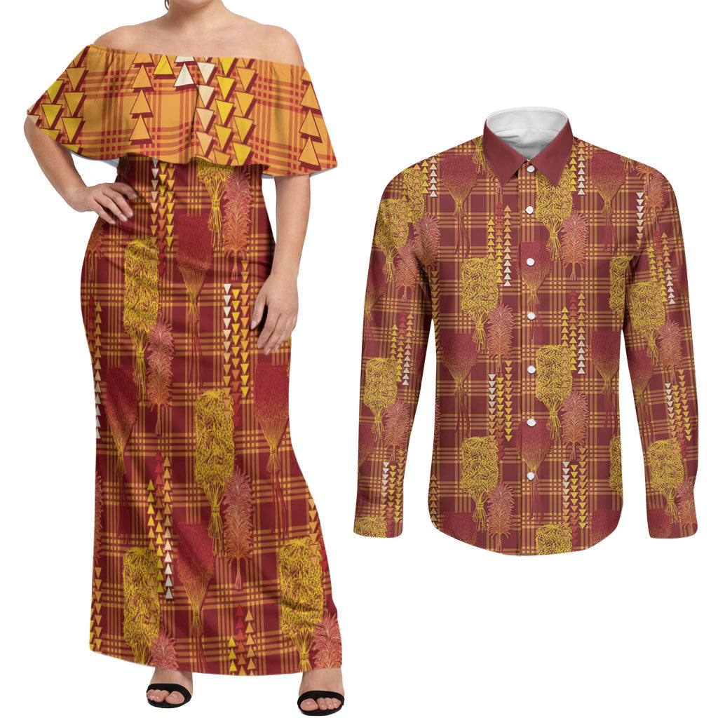 Aloha Hawaii Vintage Kahili Pa'a Lima Couples Matching Off Shoulder Maxi Dress and Long Sleeve Button Shirt Palaka Print Hilo Royal Red-Yellow