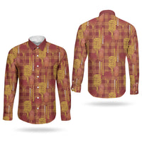 Aloha Hawaii Vintage Kahili Pa'a Lima Couples Matching Off Shoulder Maxi Dress and Long Sleeve Button Shirt Palaka Print Hilo Royal Red-Yellow