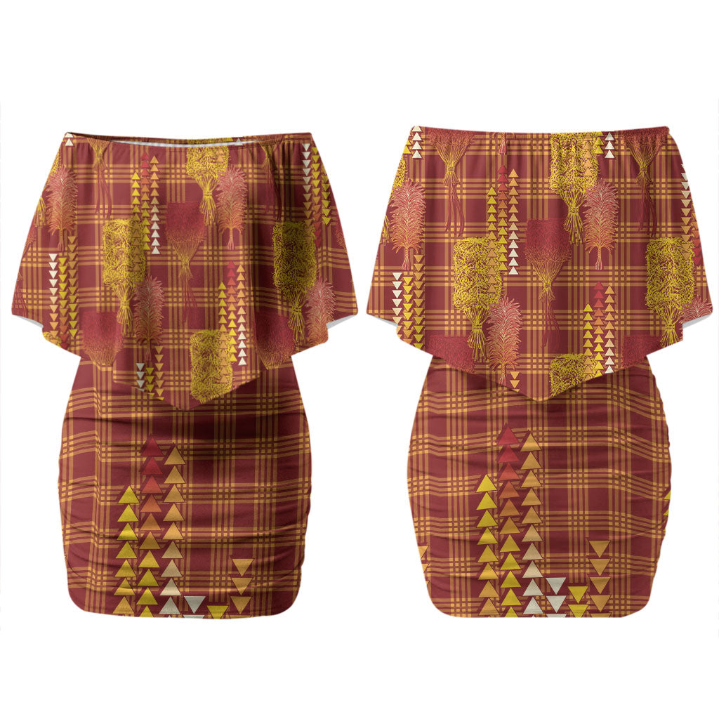 Aloha Hawaii Vintage Kahili Pa'a Lima Couples Matching Off Shoulder Short Dress and Hawaiian Shirt Palaka Print Hilo Royal Red-Yellow