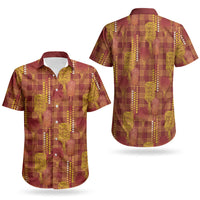 Aloha Hawaii Vintage Kahili Pa'a Lima Couples Matching Off The Shoulder Long Sleeve Dress and Hawaiian Shirt Palaka Print Hilo Royal Red-Yellow