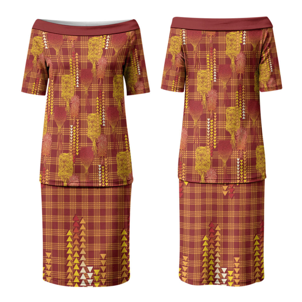 Aloha Hawaii Vintage Kahili Pa'a Lima Couples Matching Puletasi and Hawaiian Shirt Palaka Print Hilo Royal Red-Yellow