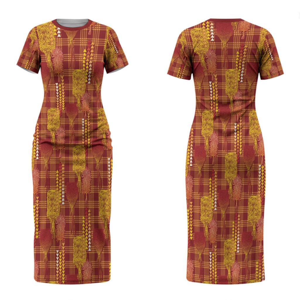 Aloha Hawaii Vintage Kahili Pa'a Lima Couples Matching Short Sleeve Bodycon Dress and Hawaiian Shirt Palaka Print Hilo Royal Red-Yellow