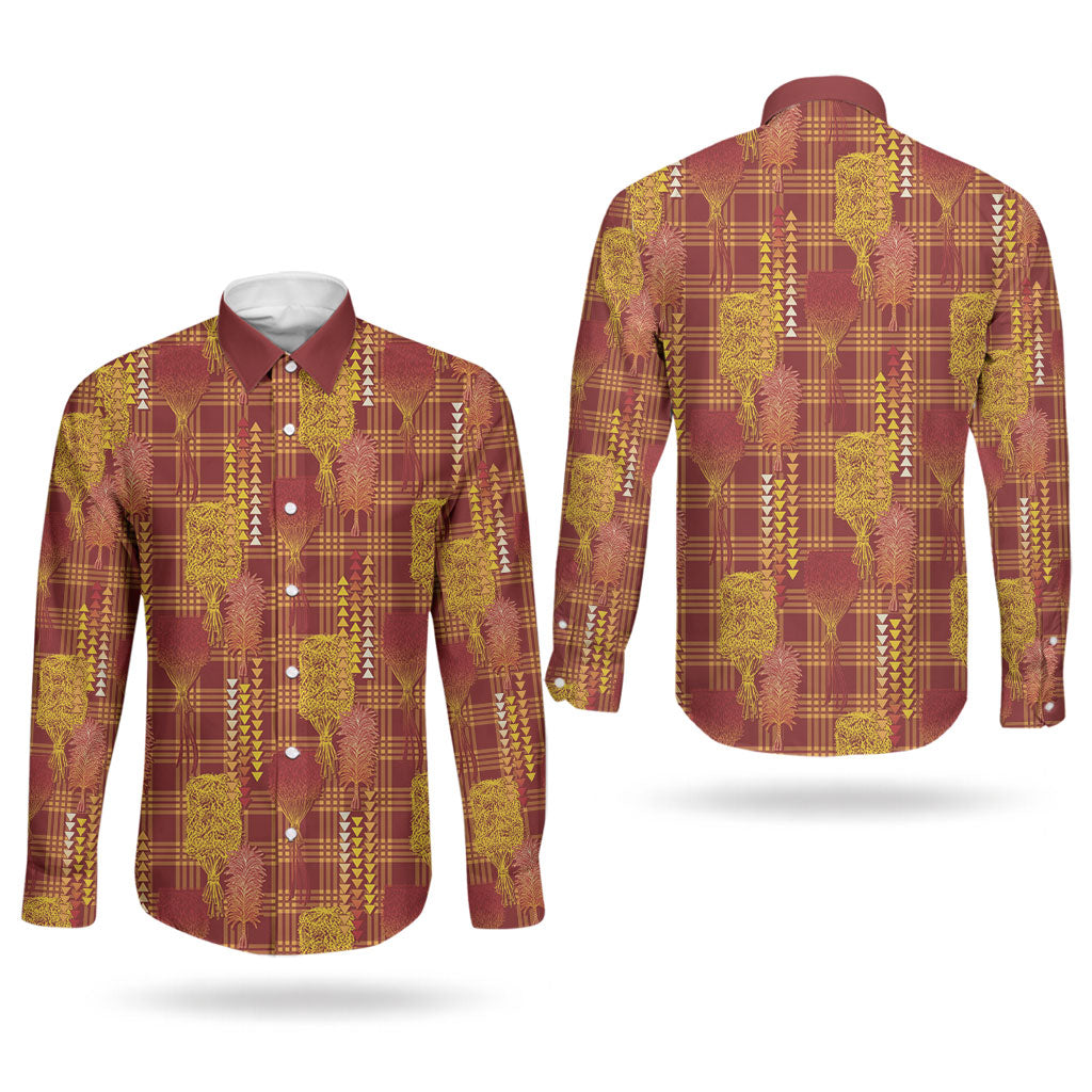 Aloha Hawaii Vintage Kahili Pa'a Lima Couples Matching Short Sleeve Bodycon Dress and Long Sleeve Button Shirt Palaka Print Hilo Royal Red-Yellow