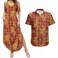 Aloha Hawaii Vintage Kahili Pa'a Lima Couples Matching Summer Maxi Dress and Hawaiian Shirt Palaka Print Hilo Royal Red-Yellow