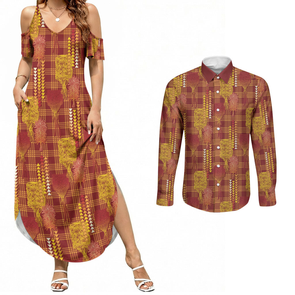 Aloha Hawaii Vintage Kahili Pa'a Lima Couples Matching Summer Maxi Dress and Long Sleeve Button Shirt Palaka Print Hilo Royal Red-Yellow