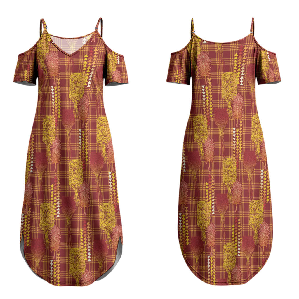 Aloha Hawaii Vintage Kahili Pa'a Lima Couples Matching Summer Maxi Dress and Long Sleeve Button Shirt Palaka Print Hilo Royal Red-Yellow