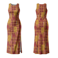 Aloha Hawaii Vintage Kahili Pa'a Lima Couples Matching Tank Maxi Dress and Long Sleeve Button Shirt Palaka Print Hilo Royal Red-Yellow