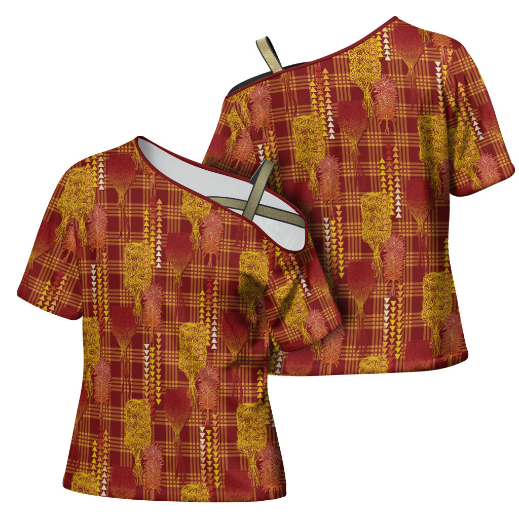 Aloha Hawaii Vintage Kahili Pa'a Lima Cross Shoulder Shirt Palaka Print Hilo Royal Red-Yellow