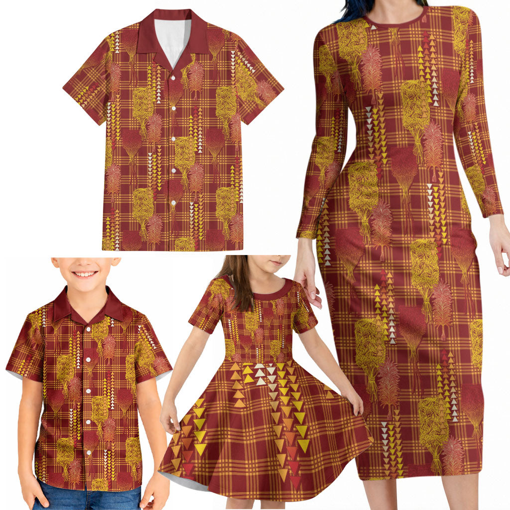 Aloha Hawaii Vintage Kahili Pa'a Lima Family Matching Long Sleeve Bodycon Dress and Hawaiian Shirt Palaka Print Hilo Royal Red-Yellow LT7 - Polynesian Pride