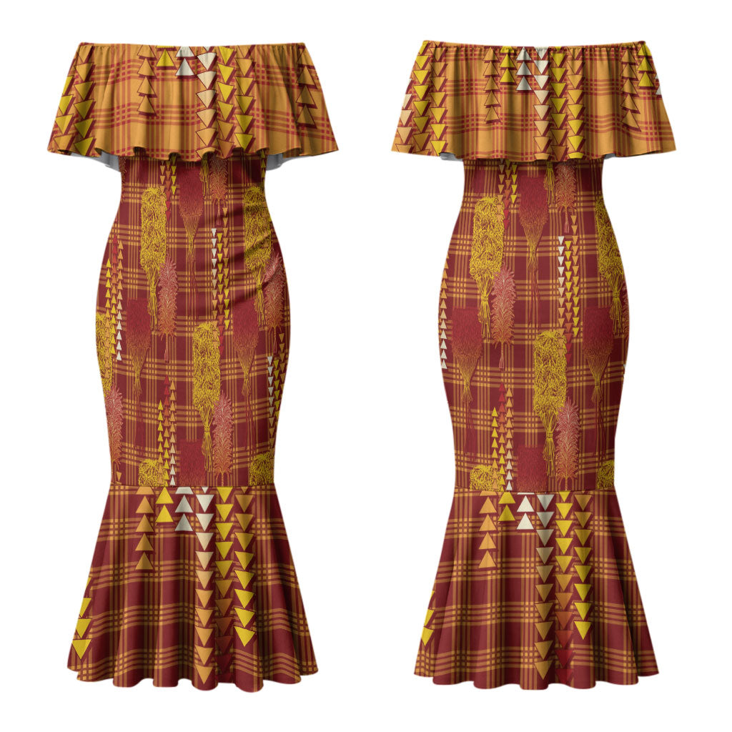 Aloha Hawaii Vintage Kahili Pa'a Lima Family Matching Mermaid Dress and Hawaiian Shirt Palaka Print Hilo Royal Red-Yellow